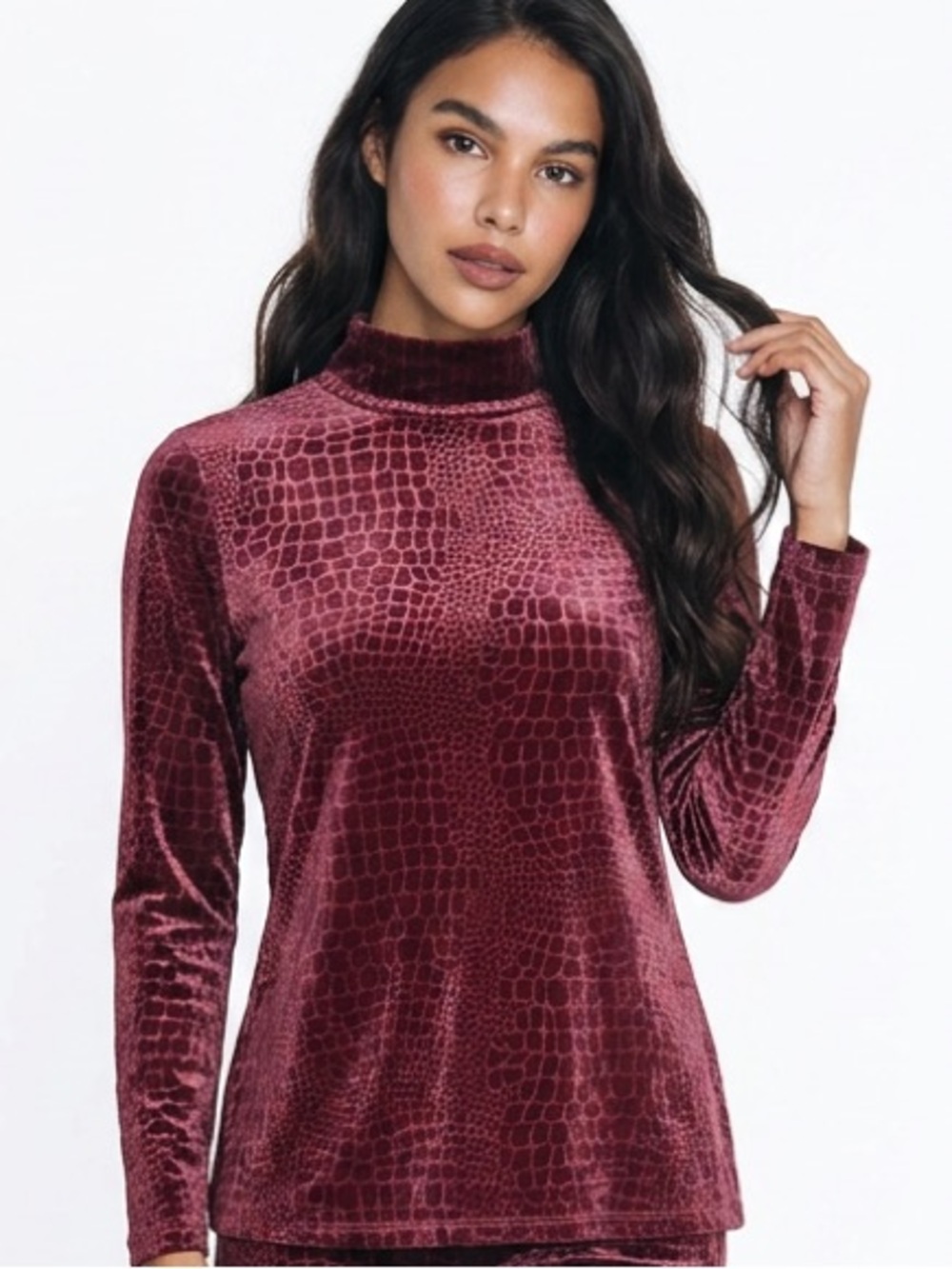Andrea Jovine Mock Neck Velvet Textured Long Sleeve Top - Burgundy Sz M